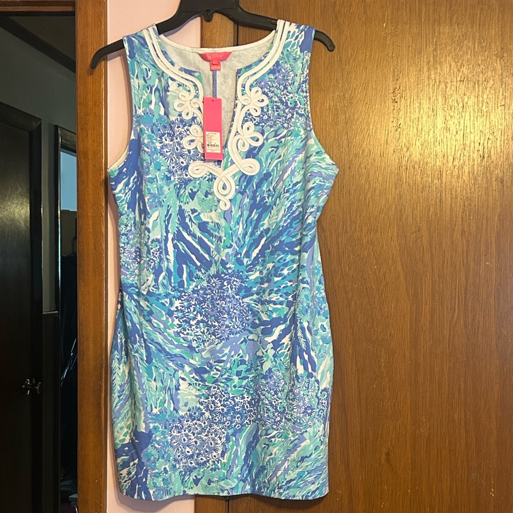 Lilly Pulitzer Blue and White -Hey,Hey,Soleil-Patterned  Harper Shift Dress